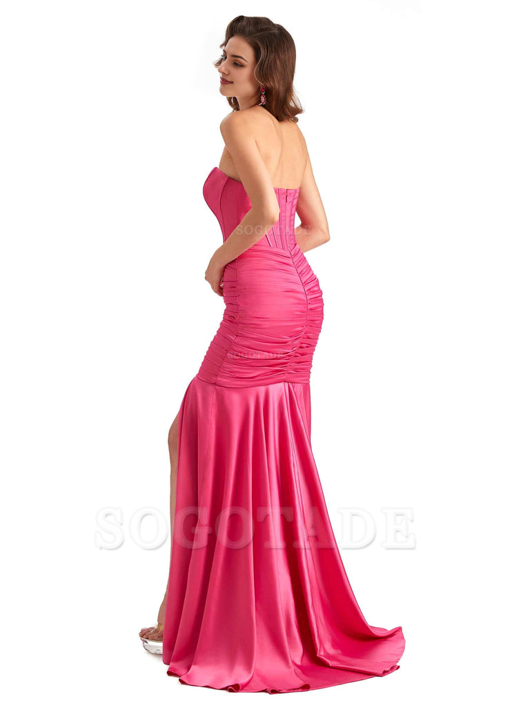 Sexy Strapless Side Slit Mermaid Silky Satin Formal Bridesmaid Dresses