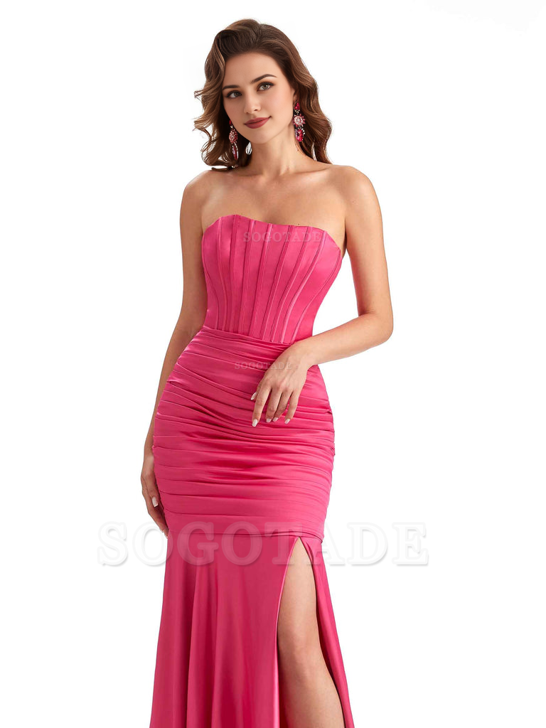 Sexy Strapless Side Slit Mermaid Silky Satin Formal Bridesmaid Dresses
