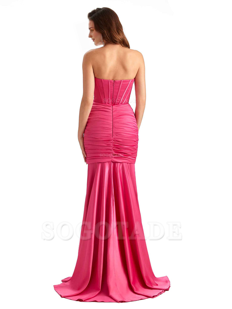 Sexy Strapless Side Slit Mermaid Silky Satin Formal Bridesmaid Dresses