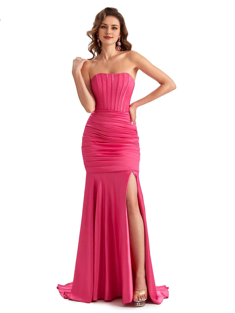 Sexy Strapless Side Slit Mermaid Silky Satin Formal Bridesmaid Dresses