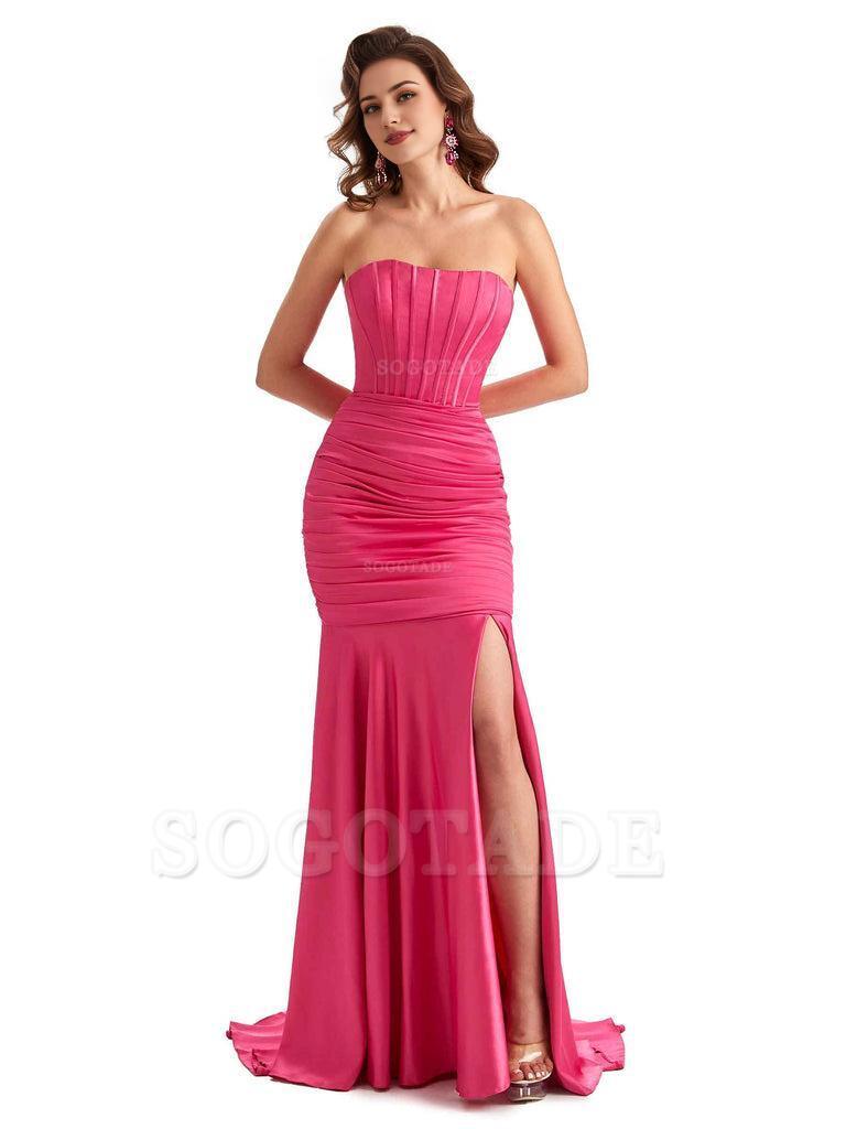 Sexy Strapless Side Slit Mermaid Silky Satin Formal Bridesmaid Dresses