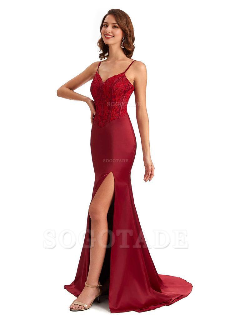 Sexy Side Slit Mermaid Silky Satin V-Neck Lace Unique Long Bridesmaid Dresses