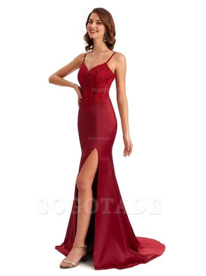 Sexy Side Slit Mermaid Silky Satin V-Neck Lace Unique Long Bridesmaid Dresses