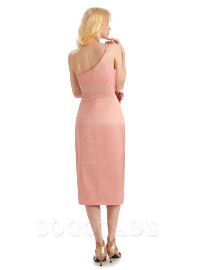 Sexy Soft Satin Side Slit One Shoulder Satin Midi Bridesmaid Dresses Online
