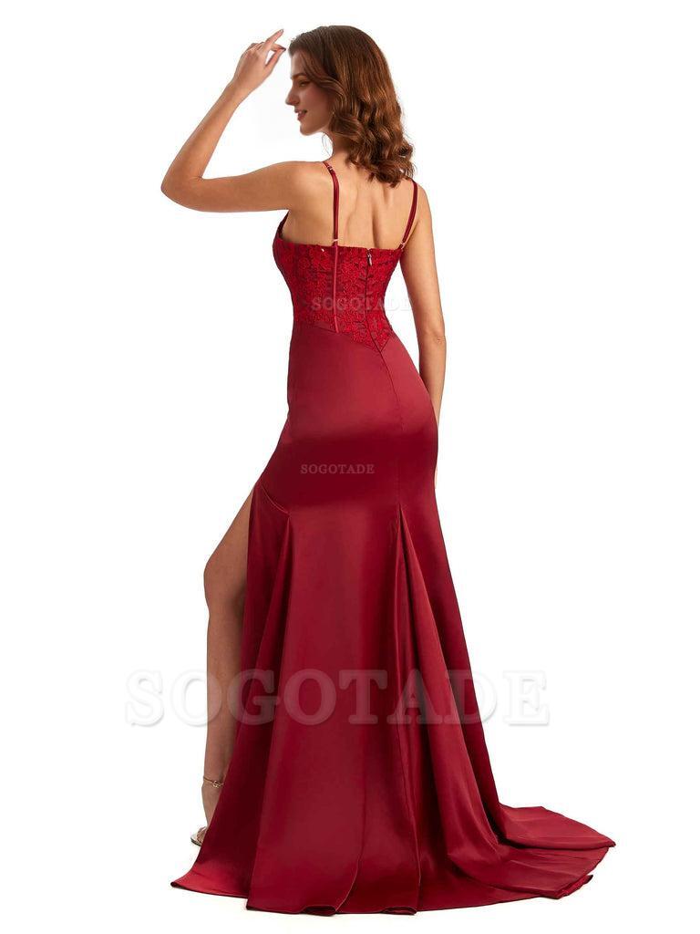 Sexy Side Slit Mermaid Silky Satin V-Neck Lace Unique Long Bridesmaid Dresses