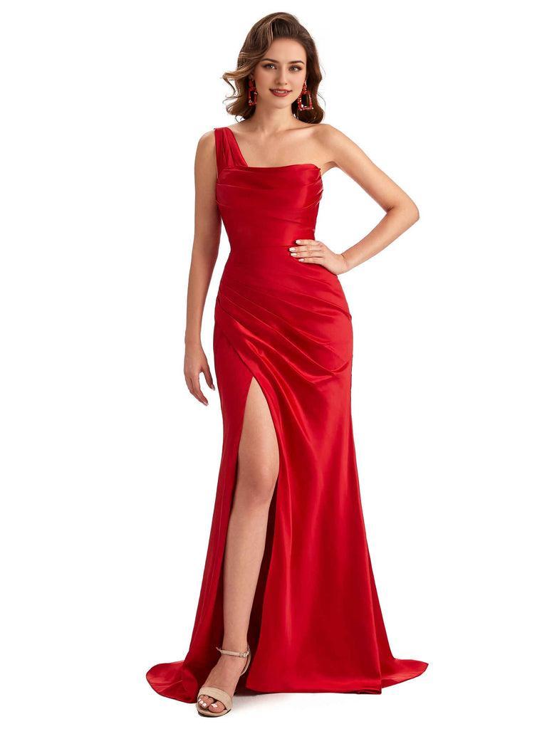 Sexy One Shoulder Side Slit Silky Satin Chic Mermaid Bridesmaid Dress