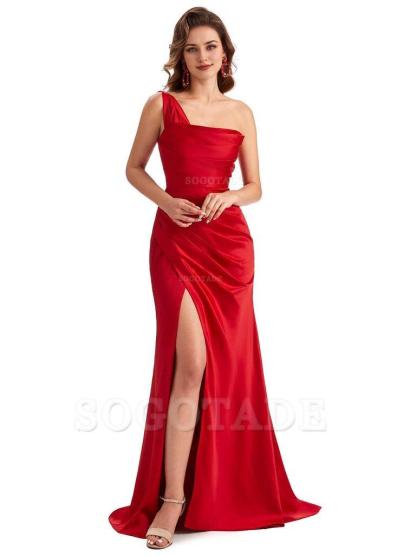 Sexy One Shoulder Side Slit Silky Satin Chic Long Mermaid Trumpet Bridesmaid Dress