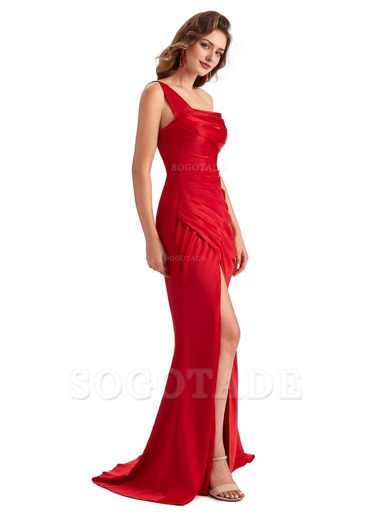 Sexy One Shoulder Side Slit Silky Satin Chic Long Mermaid Trumpet Bridesmaid Dress