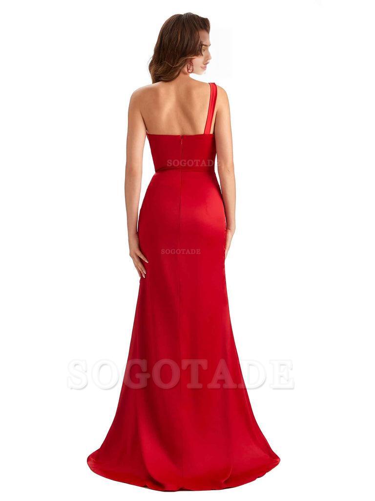 Sexy One Shoulder Side Slit Silky Satin Chic Long Mermaid Trumpet Bridesmaid Dress