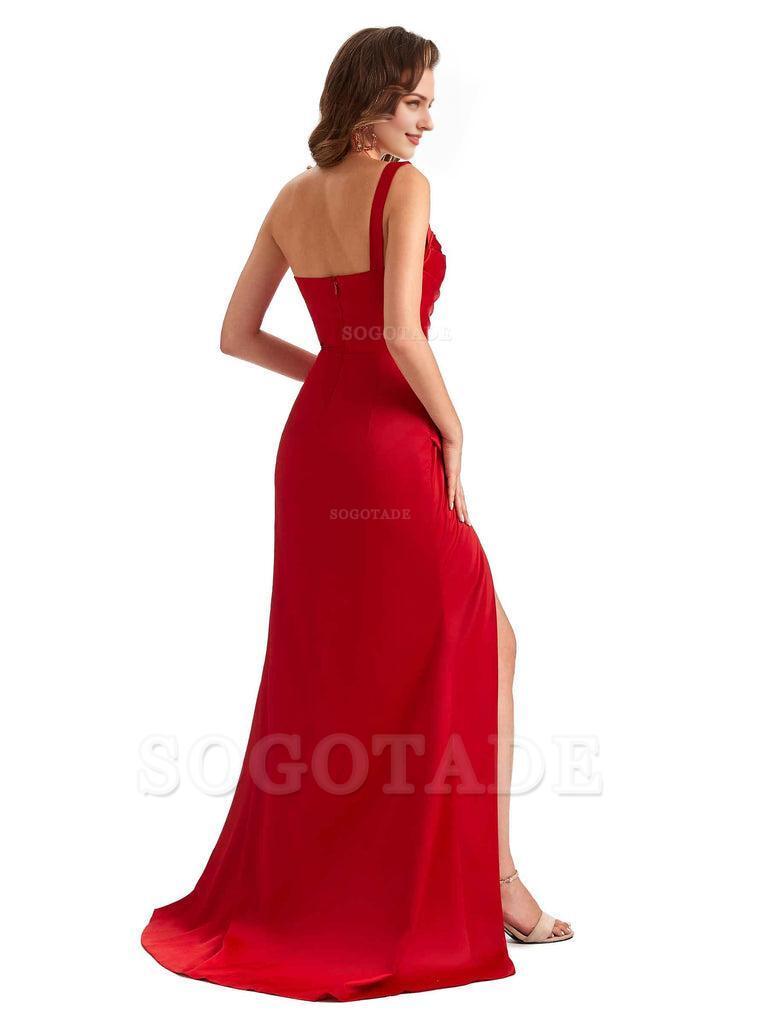 Sexy One Shoulder Side Slit Silky Satin Chic Long Mermaid Trumpet Bridesmaid Dress