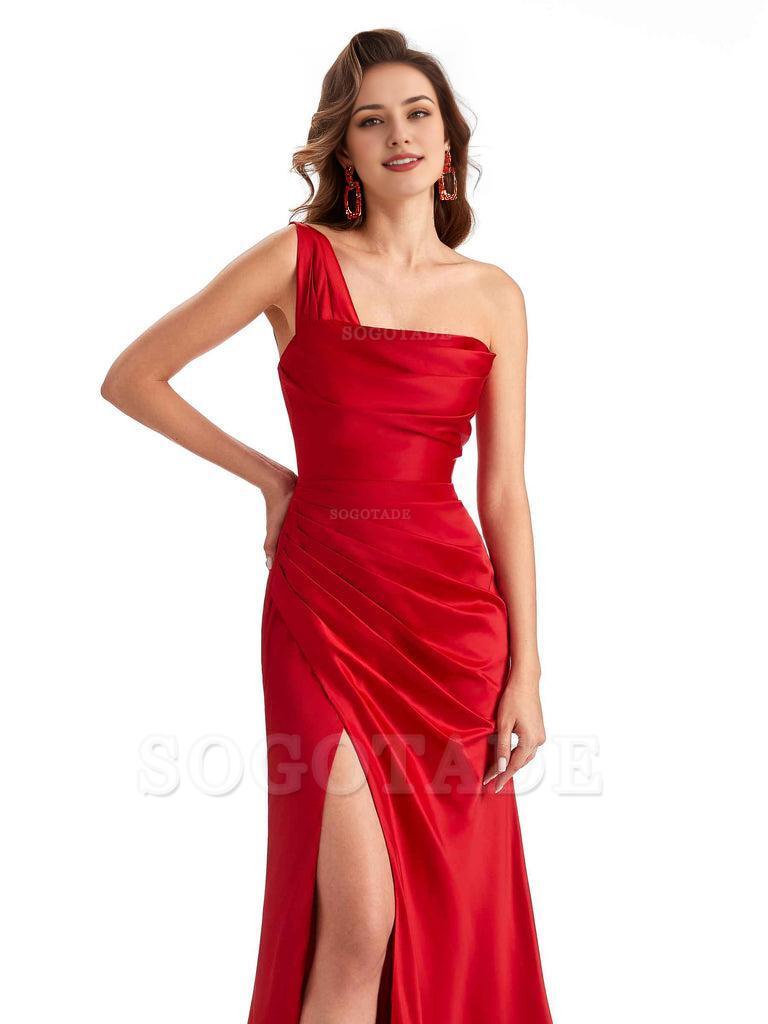 Sexy One Shoulder Side Slit Silky Satin Chic Long Mermaid Trumpet Bridesmaid Dress
