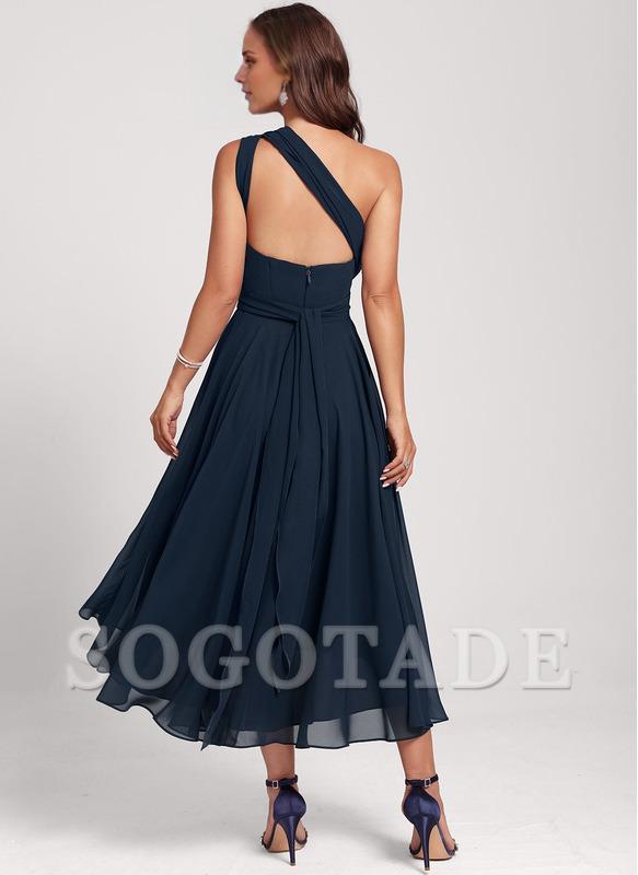 A-Line Blue Wedding Guest Dresses Convertible Infinity Mother Dress Formal Tea Length Sleeveless One Shoulder Chiffon with Ruched-SOGOTADE