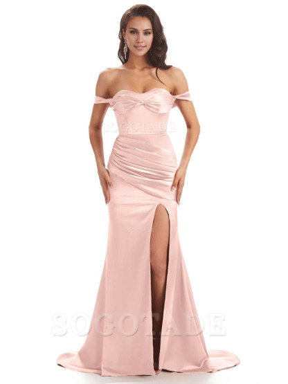Sexy Side Slit Unique Off The Shoulder Mermaid Satin Long Bridesmaid Dresses