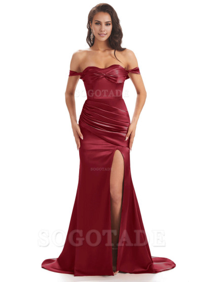 Sexy Side Slit Unique Off The Shoulder Mermaid Satin Long Bridesmaid Dresses