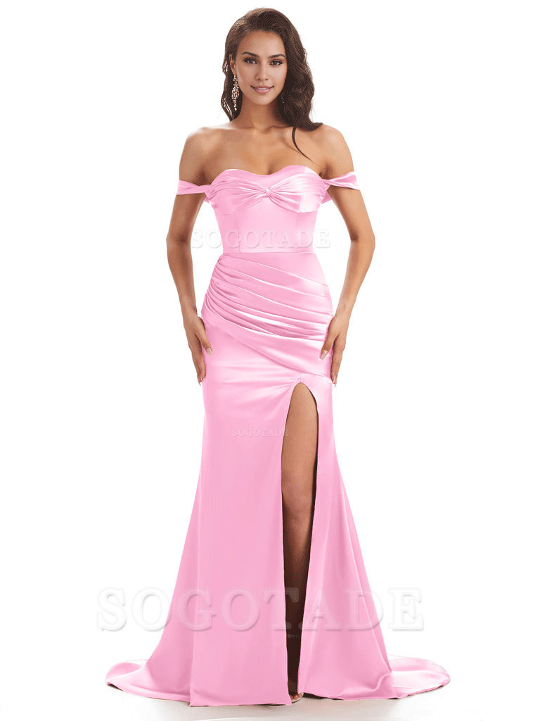 Sexy Side Slit Unique Off The Shoulder Mermaid Satin Long Bridesmaid Dresses