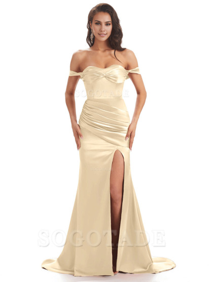 Sexy Side Slit Unique Off The Shoulder Mermaid Satin Long Bridesmaid Dresses