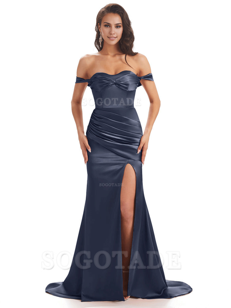 Sexy Side Slit Unique Off The Shoulder Mermaid Satin Long Bridesmaid Dresses