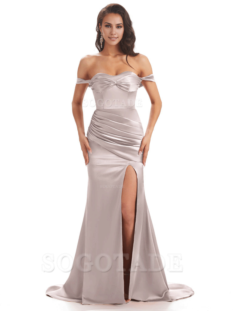 Sexy Side Slit Unique Off The Shoulder Mermaid Satin Long Bridesmaid Dresses