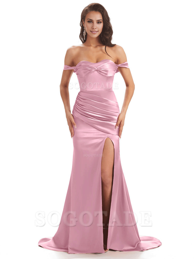 Sexy Side Slit Unique Off The Shoulder Mermaid Satin Long Bridesmaid Dresses