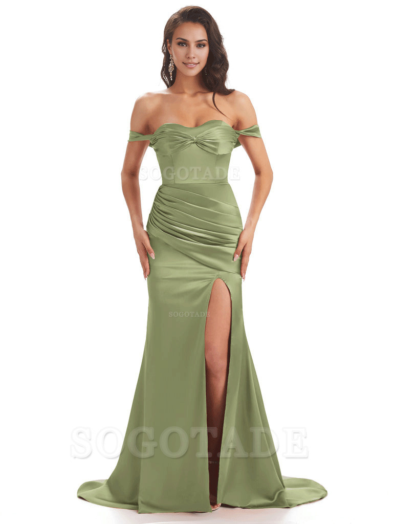 Sexy Side Slit Unique Off The Shoulder Mermaid Satin Long Bridesmaid Dresses