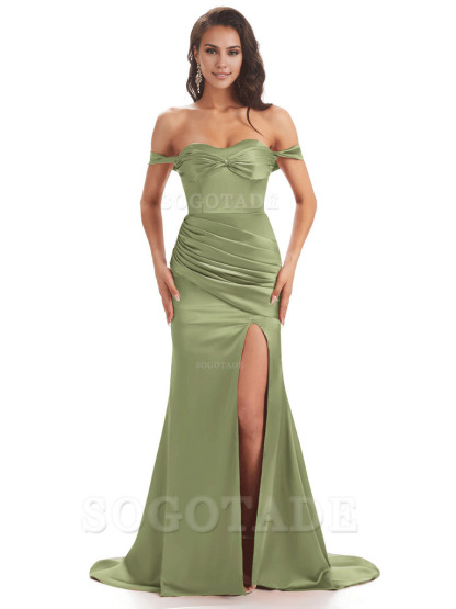 Sexy Side Slit Unique Off The Shoulder Mermaid Satin Long Bridesmaid Dresses