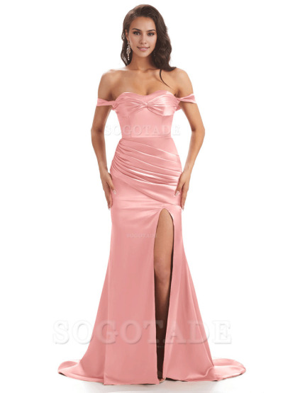 Sexy Side Slit Unique Off The Shoulder Mermaid Satin Long Bridesmaid Dresses