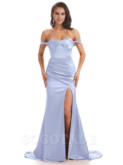 Sexy Side Slit Unique Off The Shoulder Mermaid Satin Long Bridesmaid Dresses