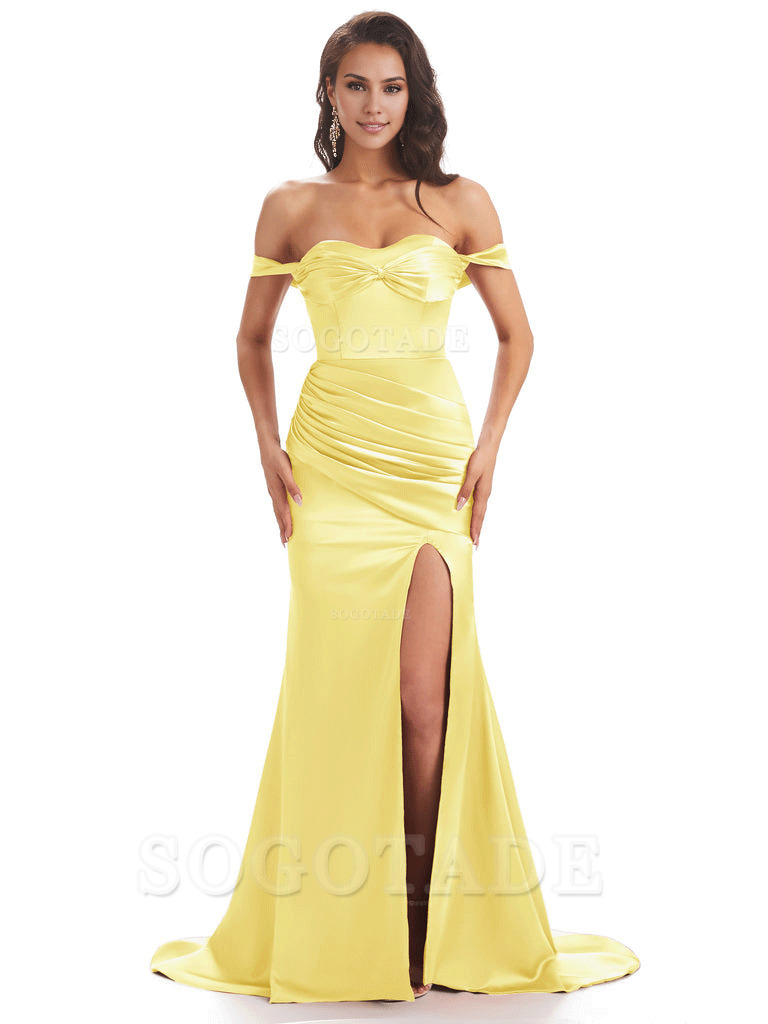 Sexy Side Slit Unique Off The Shoulder Mermaid Satin Long Bridesmaid Dresses