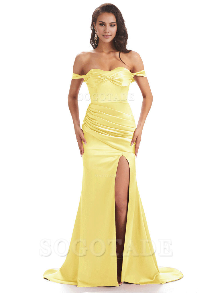 Sexy Side Slit Unique Off The Shoulder Mermaid Satin Long Bridesmaid Dresses