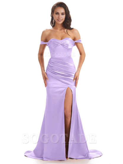 Sexy Side Slit Unique Off The Shoulder Mermaid Satin Long Bridesmaid Dresses