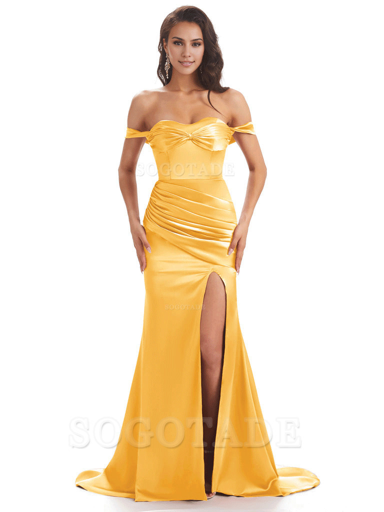 Sexy Side Slit Unique Off The Shoulder Mermaid Satin Long Bridesmaid Dresses
