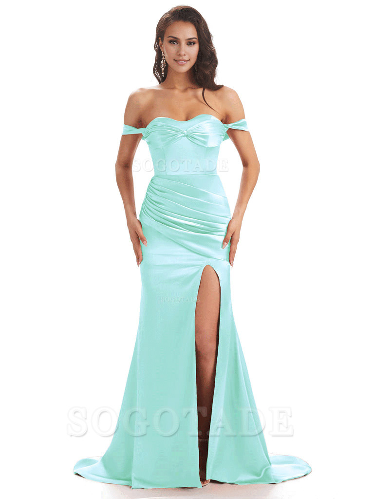 Sexy Side Slit Unique Off The Shoulder Mermaid Satin Long Bridesmaid Dresses