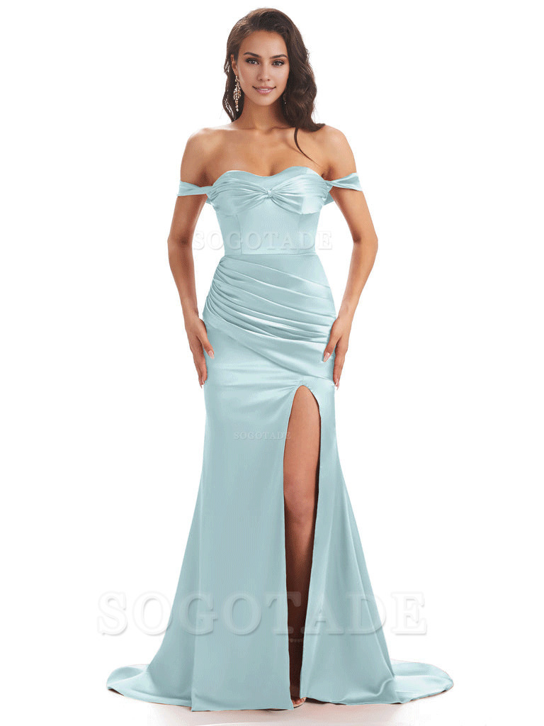 Sexy Side Slit Unique Off The Shoulder Mermaid Satin Long Bridesmaid Dresses
