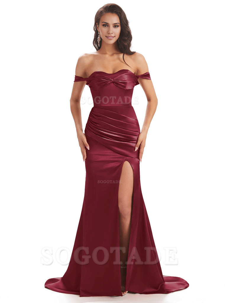 Sexy Side Slit Unique Off The Shoulder Mermaid Satin Long Bridesmaid Dresses