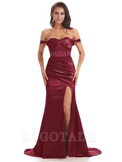 Sexy Side Slit Unique Off The Shoulder Mermaid Satin Long Bridesmaid Dresses