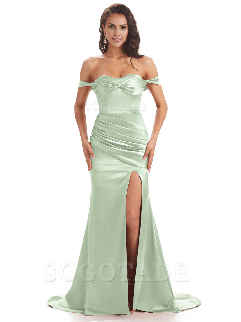 Sexy Side Slit Unique Off The Shoulder Mermaid Satin Long Bridesmaid Dresses