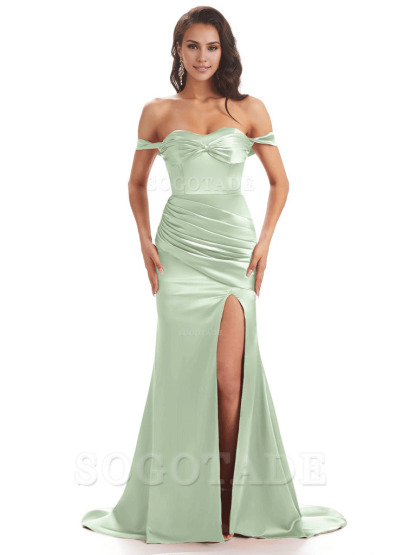 Sexy Side Slit Unique Off The Shoulder Mermaid Satin Long Bridesmaid Dresses