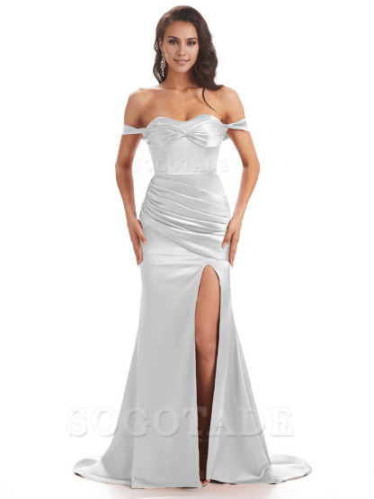 Sexy Side Slit Unique Off The Shoulder Mermaid Satin Long Bridesmaid Dresses