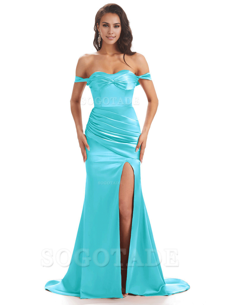 Sexy Side Slit Unique Off The Shoulder Mermaid Satin Long Bridesmaid Dresses