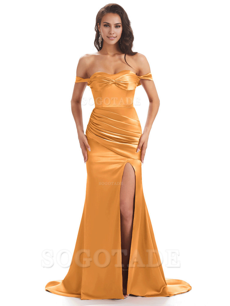 Sexy Side Slit Unique Off The Shoulder Mermaid Satin Long Bridesmaid Dresses