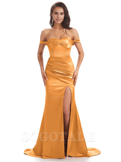 Sexy Side Slit Unique Off The Shoulder Mermaid Satin Long Bridesmaid Dresses