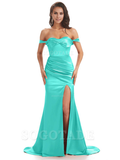 Sexy Side Slit Unique Off The Shoulder Mermaid Satin Long Bridesmaid Dresses