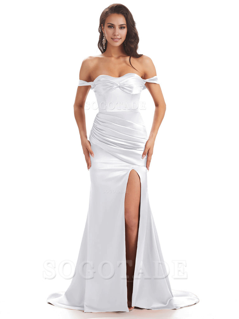 Sexy Side Slit Unique Off The Shoulder Mermaid Satin Long Bridesmaid Dresses