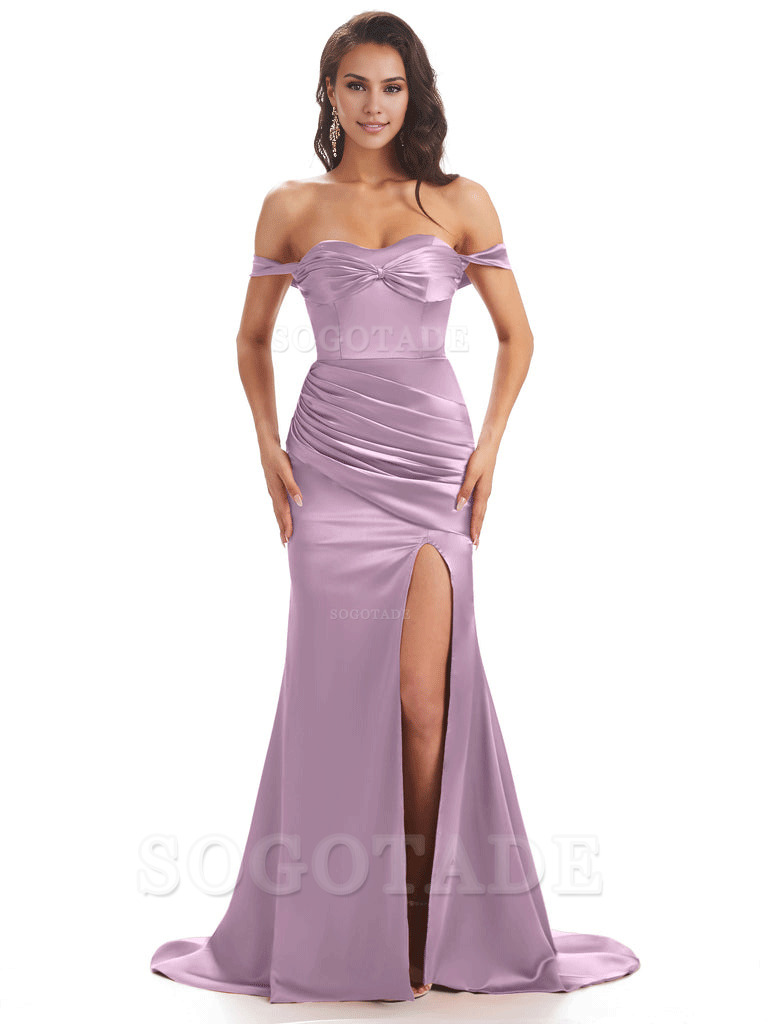 Sexy Side Slit Unique Off The Shoulder Mermaid Satin Long Bridesmaid Dresses