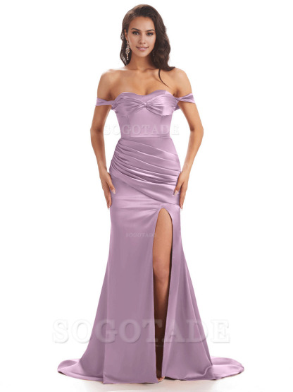 Sexy Side Slit Unique Off The Shoulder Mermaid Satin Long Bridesmaid Dresses