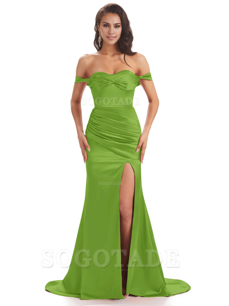 Sexy Side Slit Unique Off The Shoulder Mermaid Satin Long Bridesmaid Dresses