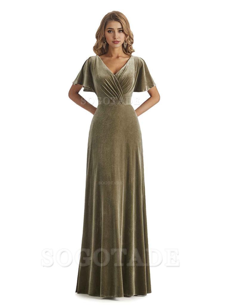 Elegant Mermaid V-neck Short Sleeves Unique Velvet Long Bridesmaid Dresses
