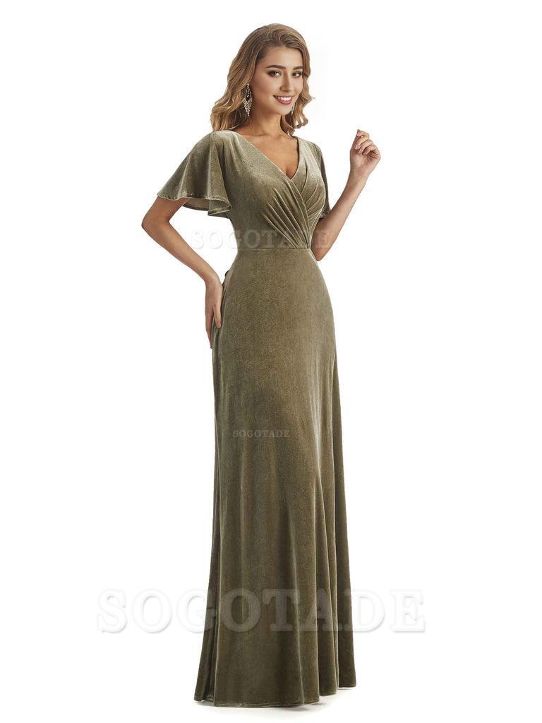 Elegant Mermaid V-neck Short Sleeves Unique Velvet Long Bridesmaid Dresses
