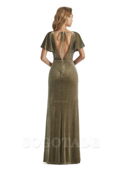 Elegant Mermaid V-neck Short Sleeves Unique Velvet Long Bridesmaid Dresses