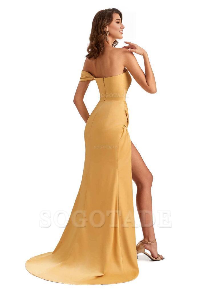 Unique One Shoulder Side Slit Satin Long Formal Dresses For Bridesmaid Dresses
